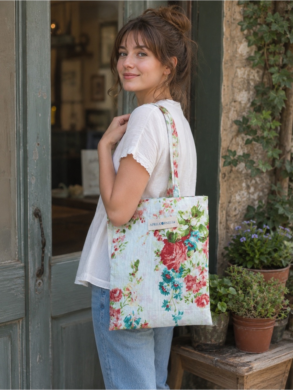 April Cornell Floral Tote Bag in White with Multicolor Flowers
